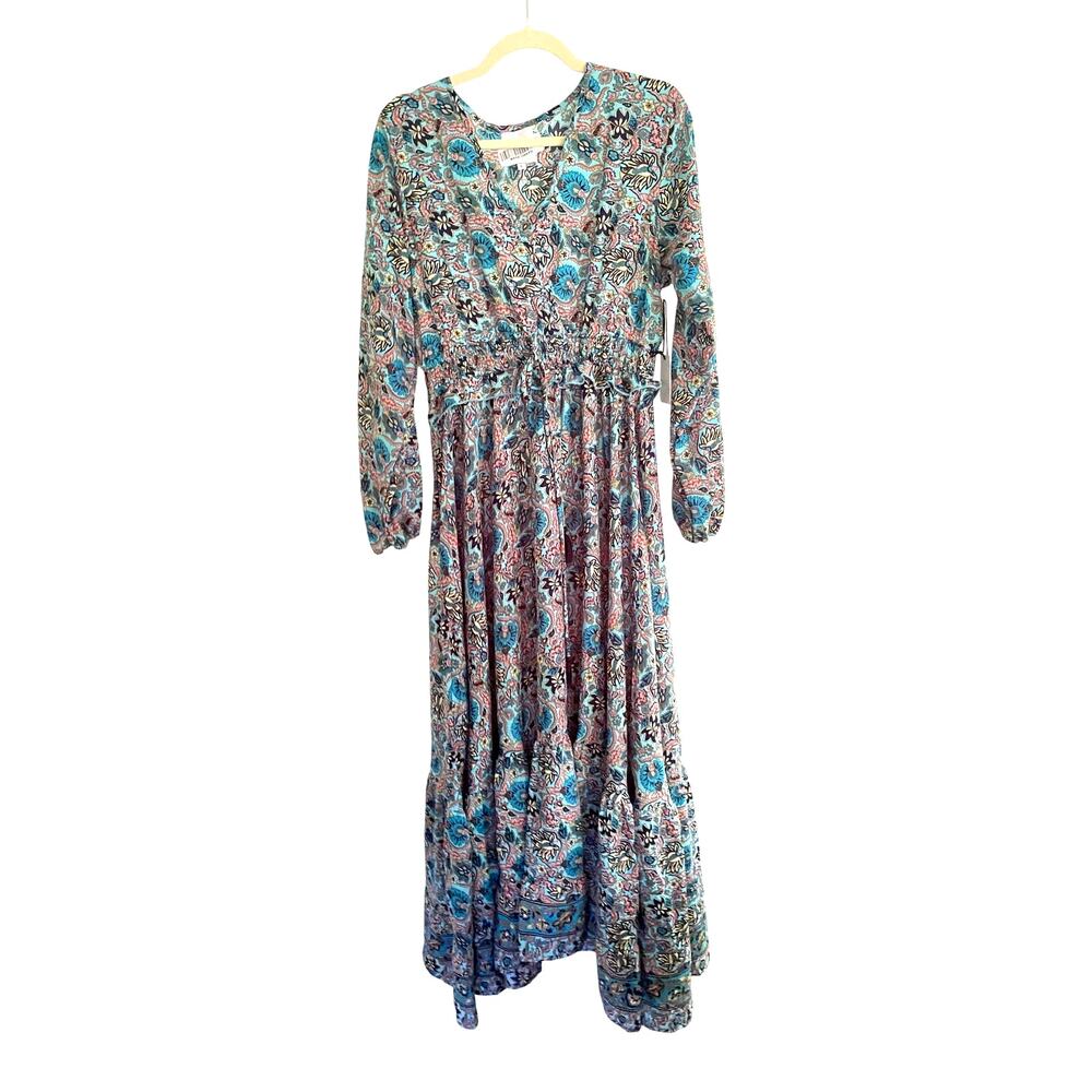 Masala Long Sleeve V-Neck Maxi Dress, Blue/Pink Paisley, Large